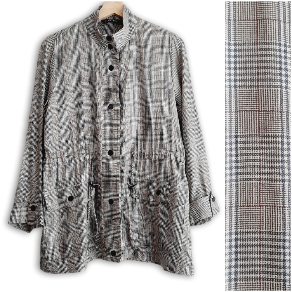 ZARA Safari Jacket Plaid Check Light Short Utility Coat Button Gray Cream Sz M